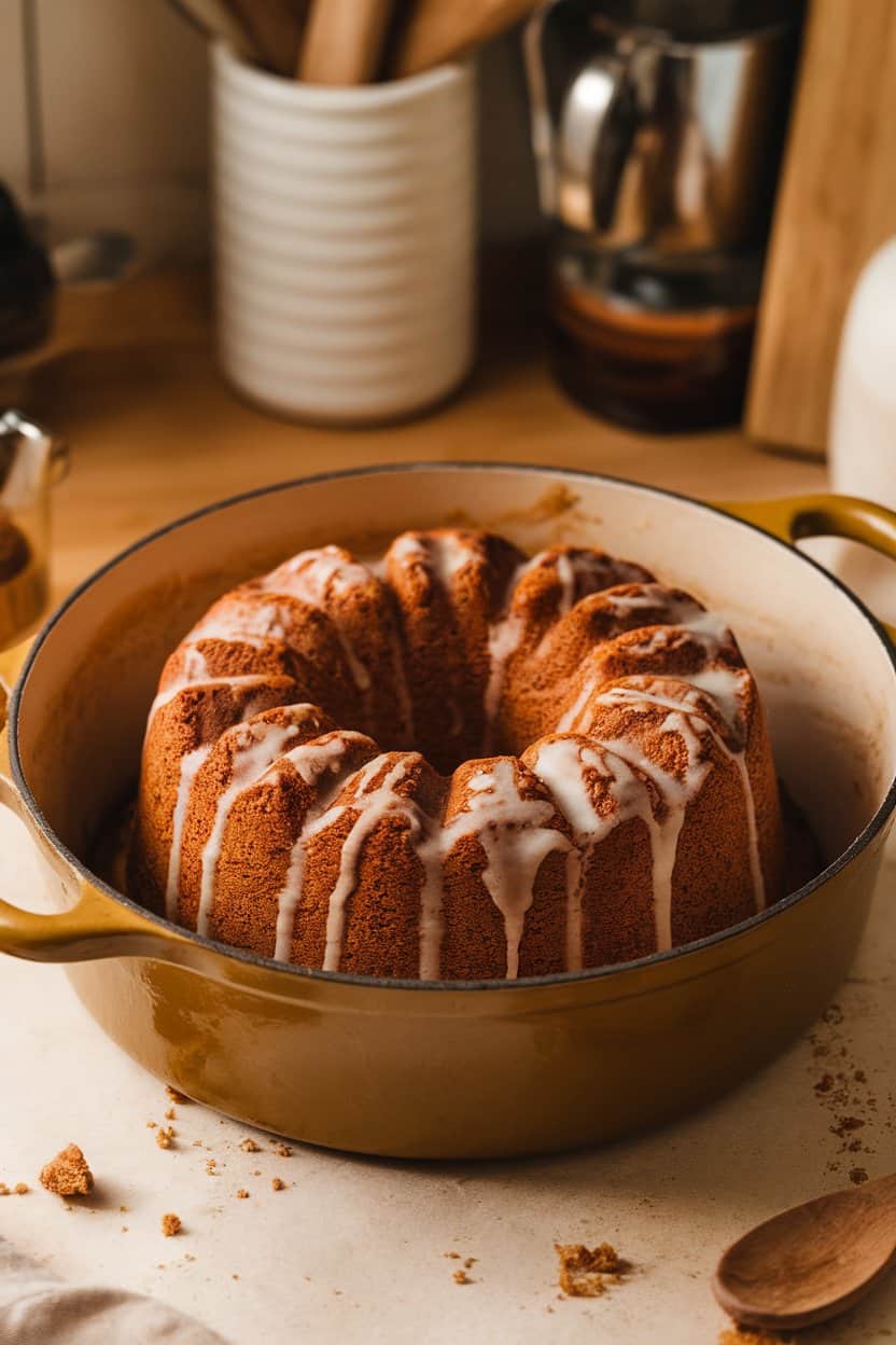  A round cinnamon-swirled coffee cake in a small Dutch oven on an indoor countertop, topped with a drizzle of glaze. Warm tones, no text or logos. Photo only.