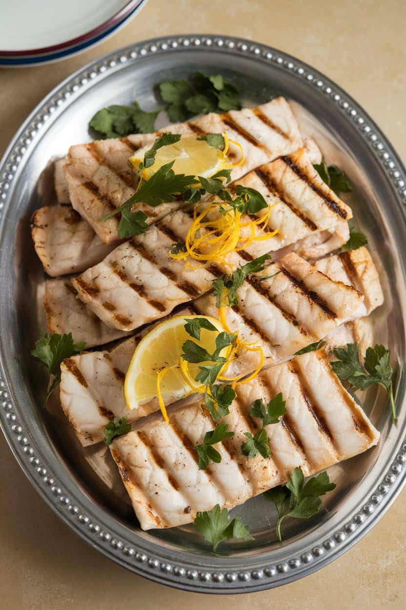 Indoor serving platter displaying cooked mahi-mahi fillets with grill marks, topped with lemon zest and parsley. No text or logos; photo only.