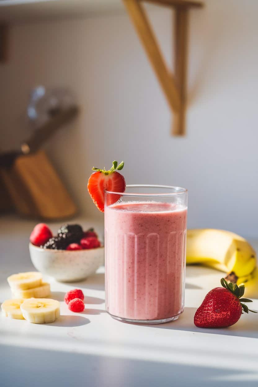 A softly lit indoor kitchen counter with a clear glass filled with a pink strawberry-banana smoothie, garnished with a single sliced strawberry on the rim. Banana slices and a small bowl of berries sit nearby; no text or logos anywhere in the scene. This should be a photo, not an illustration
