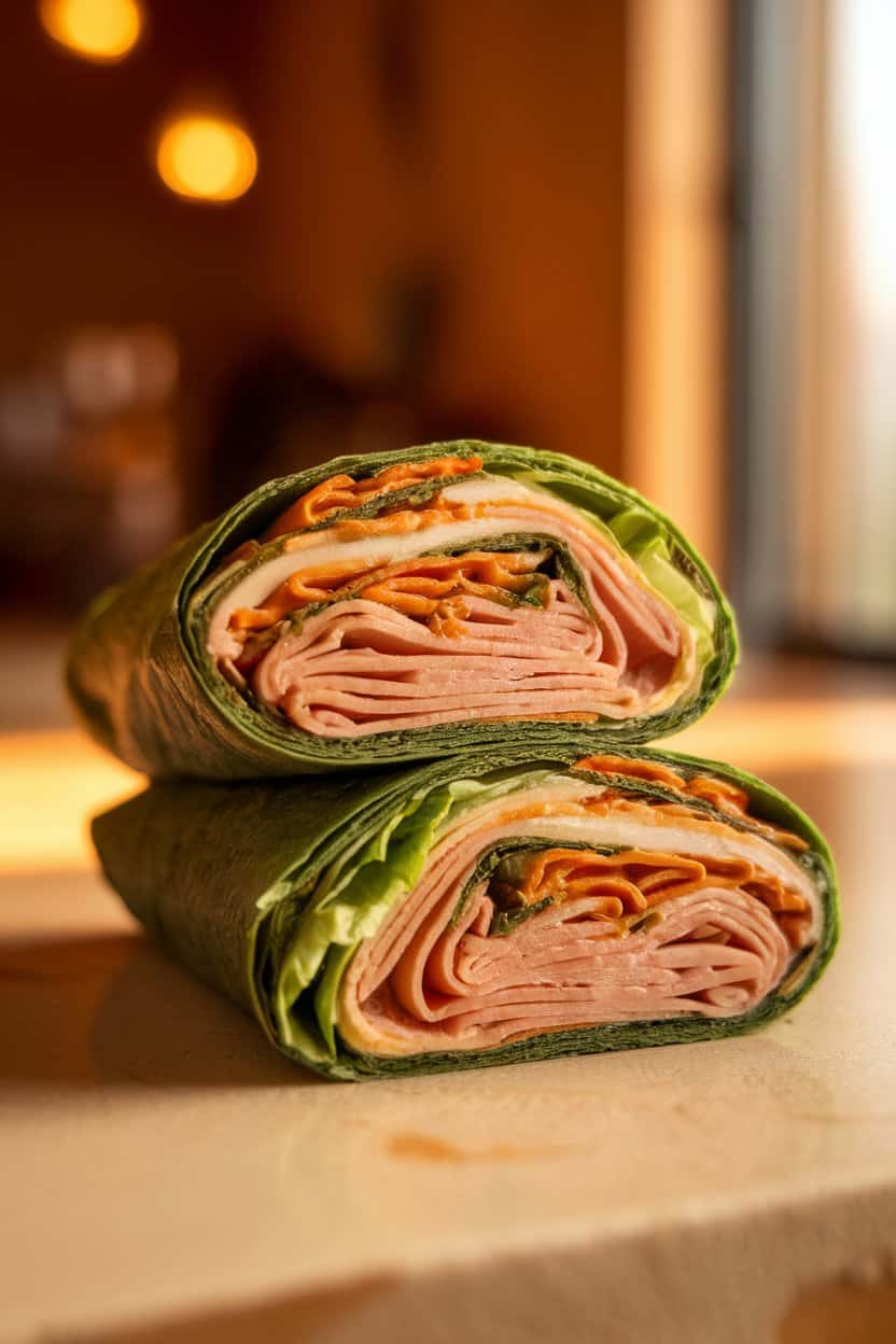 A warmly lit indoor countertop featuring a halved spinach-tortilla wrap layered with deli turkey, Swiss cheese, crisp lettuce, and honey-mustard spread, edges neatly tucked. No text or logos present; photo only.