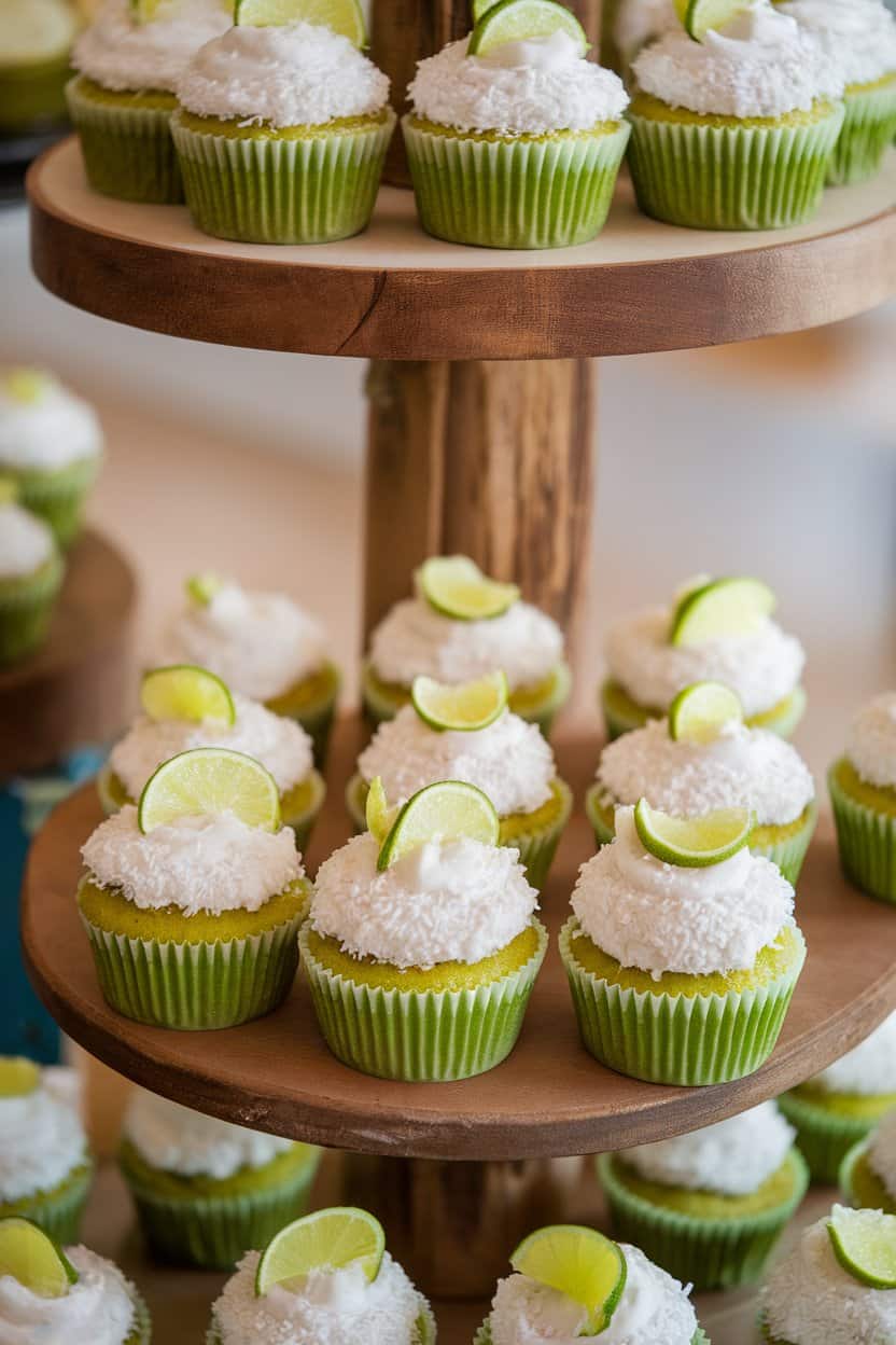  Indoor bakery stand showcasing small cupcakes topped with white coconut frosting and a zest of lime. No logos or text; photo only.