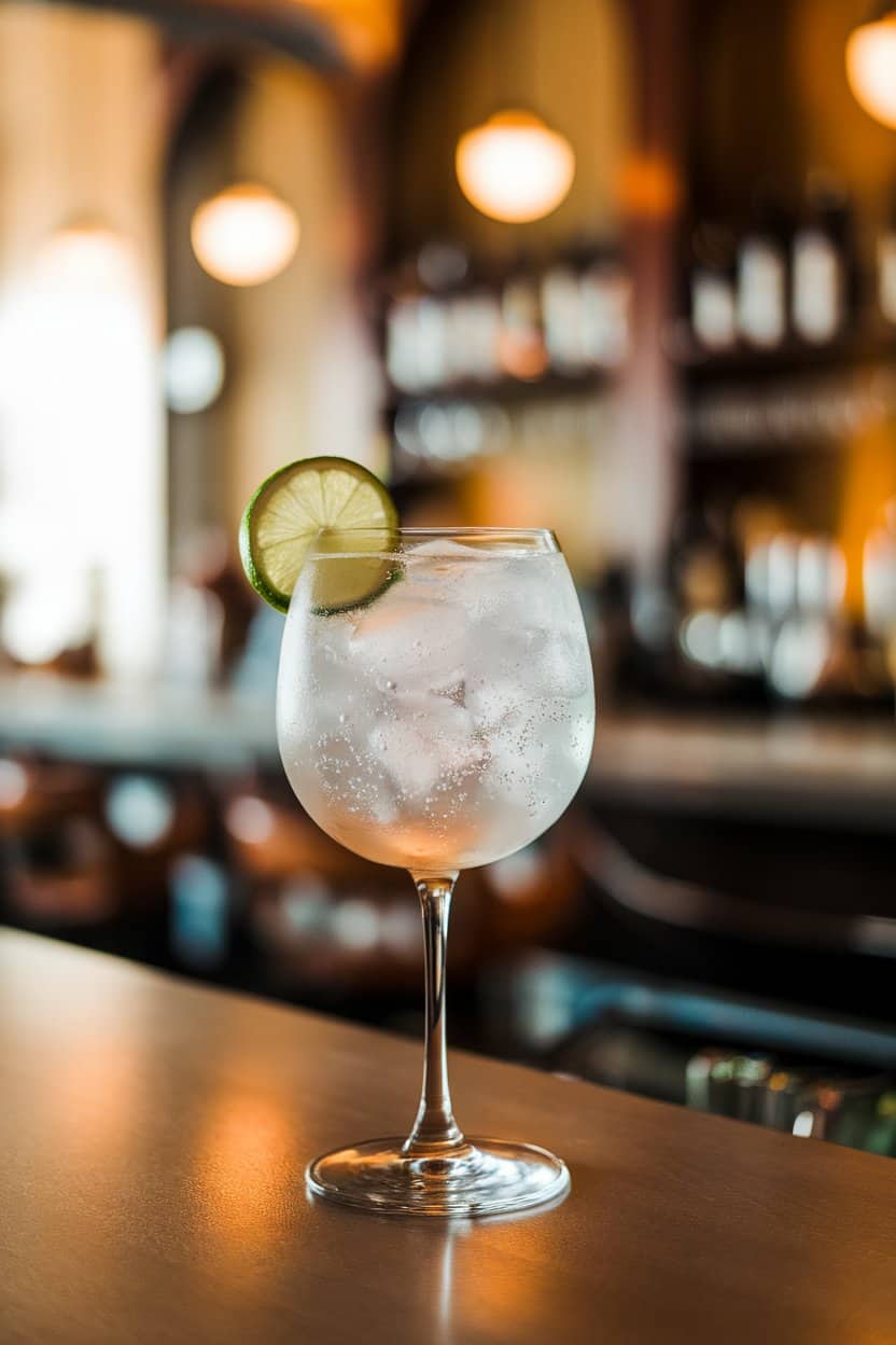 Indoor bar scene with a stemless wine glass of cloudy coconut-lime spritz, lime wheel and tiny bubbles visible, no branded labels.