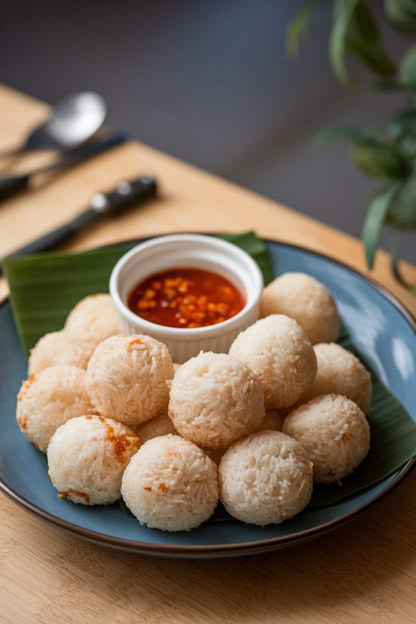 Indoor plate with neat spheres of sticky coconut rice, lightly toasted on the outside, served with a small ramekin of sweet chili sauce. No logos or text; photograph only.
