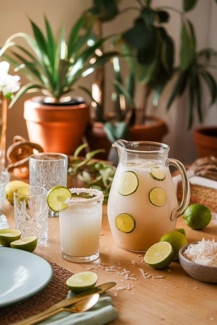 Indoor dining table featuring a pitcher of pale coconut rum punch dotted with lime wheels and shredded coconut rim on a tumbler. No text or brands visible.