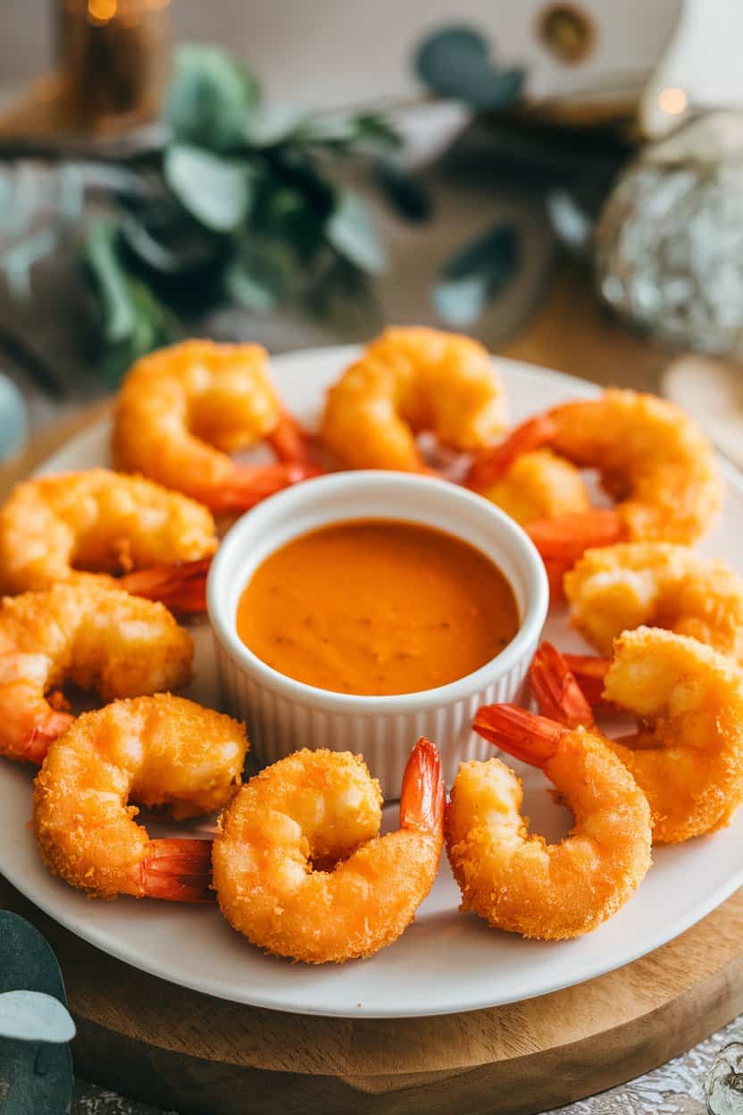 An indoor tabletop shot of golden, breaded coconut shrimp arranged on a white platter with a small bowl of orange-chili dipping sauce in the center. Soft, warm lighting; no text or logos anywhere in the frame. This should be a photo, not an illustration.