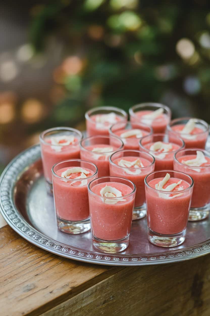 Indoor tray with shot glasses filled with pink watermelon gazpacho, a thin coconut-cream swirl on top. No text or logos; photograph only.