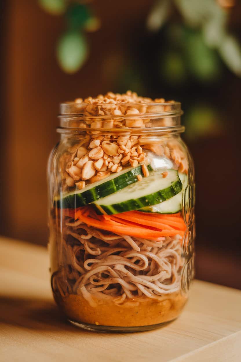 A glass mason jar layered with chilled soba noodles, shredded carrots, sliced cucumber, and a topping of crushed peanuts, sauce pooled at the bottom. Indoor lighting; no text or logos.