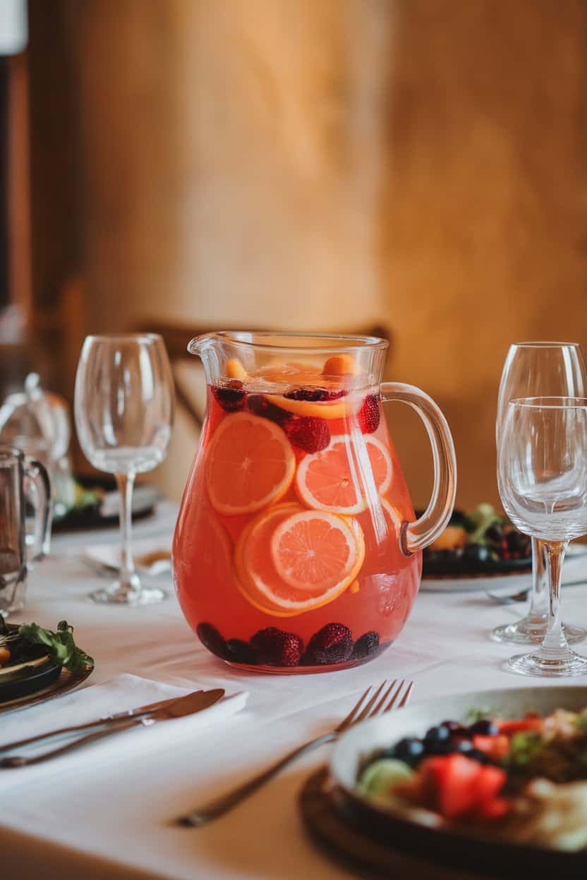 Indoor dining table with a clear pitcher of coral-colored sangria filled with citrus wheels and berries, no text or logos.