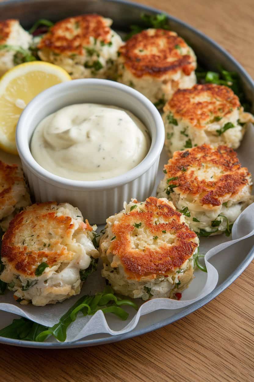  Indoor appetizer tray featuring bite-sized crab cakes with a small bowl of lemon aioli for dipping. No logos or text; photo only.