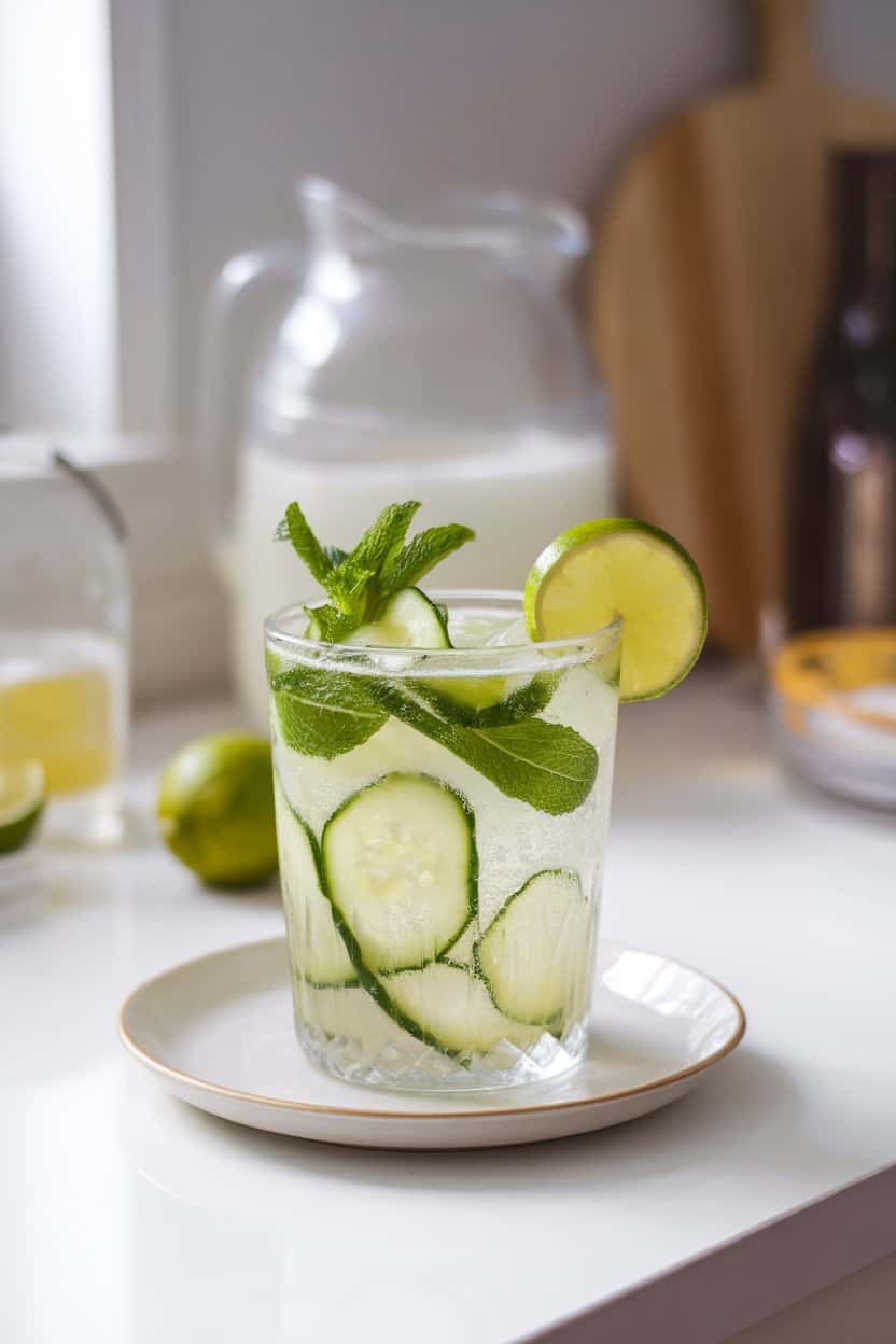Indoor bright kitchen table with a clear Collins glass full of cucumber ribbons, mint leaves, and sparkling cooler, no logos.
