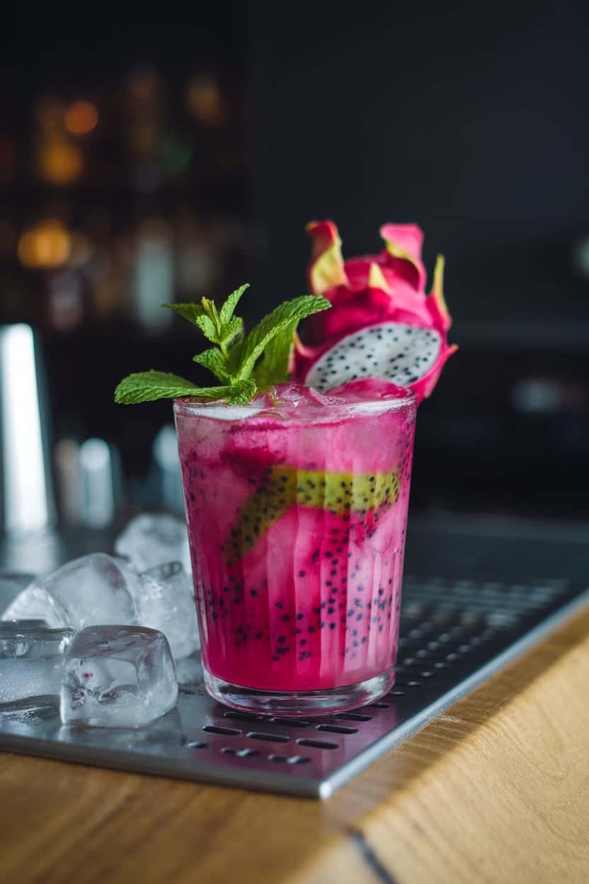 Indoor modern bar top with a vibrant magenta dragon fruit mojito, mint sprig and dragon fruit scoop floating, no logos.