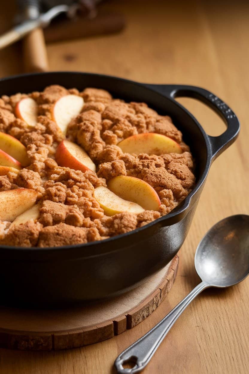 An indoor wooden table with a small cast-iron Dutch oven holding a golden apple dump cake, cinnamon-dusted apple slices peeking through the crumbly topping. A metal serving spoon rests alongside. Soft, warm lighting; no text or logos visible. Photo, not an illustration