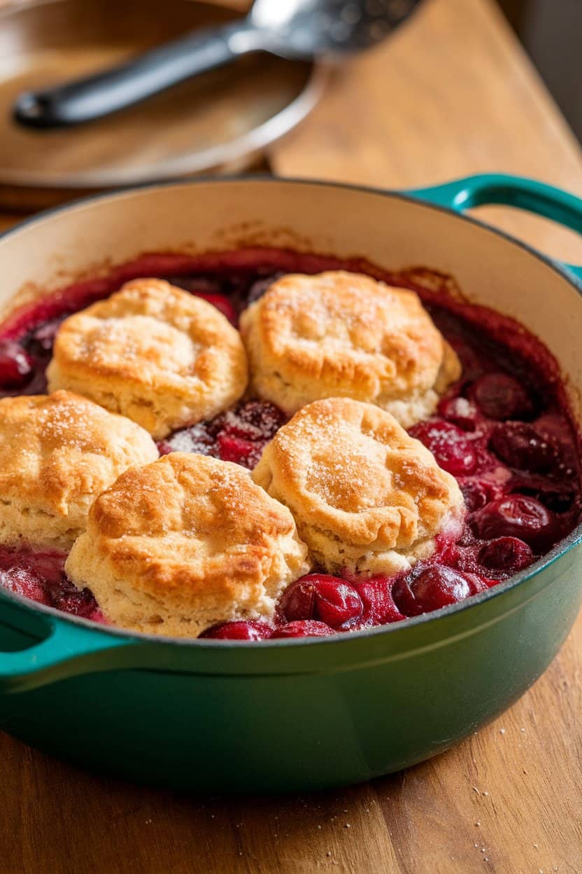 An indoor table showcasing a round Dutch oven filled with bubbling cherry cobbler, a golden biscuit topping dotted with sugar. No logos on cookware