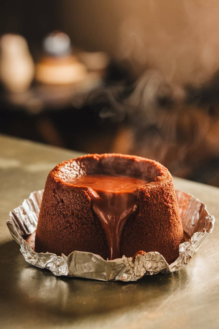An indoor table showing an opened foil packet revealing a gooey individual chocolate cake with molten center oozing out. Steam drifts upward; no branding or text. Photo, not illustration.