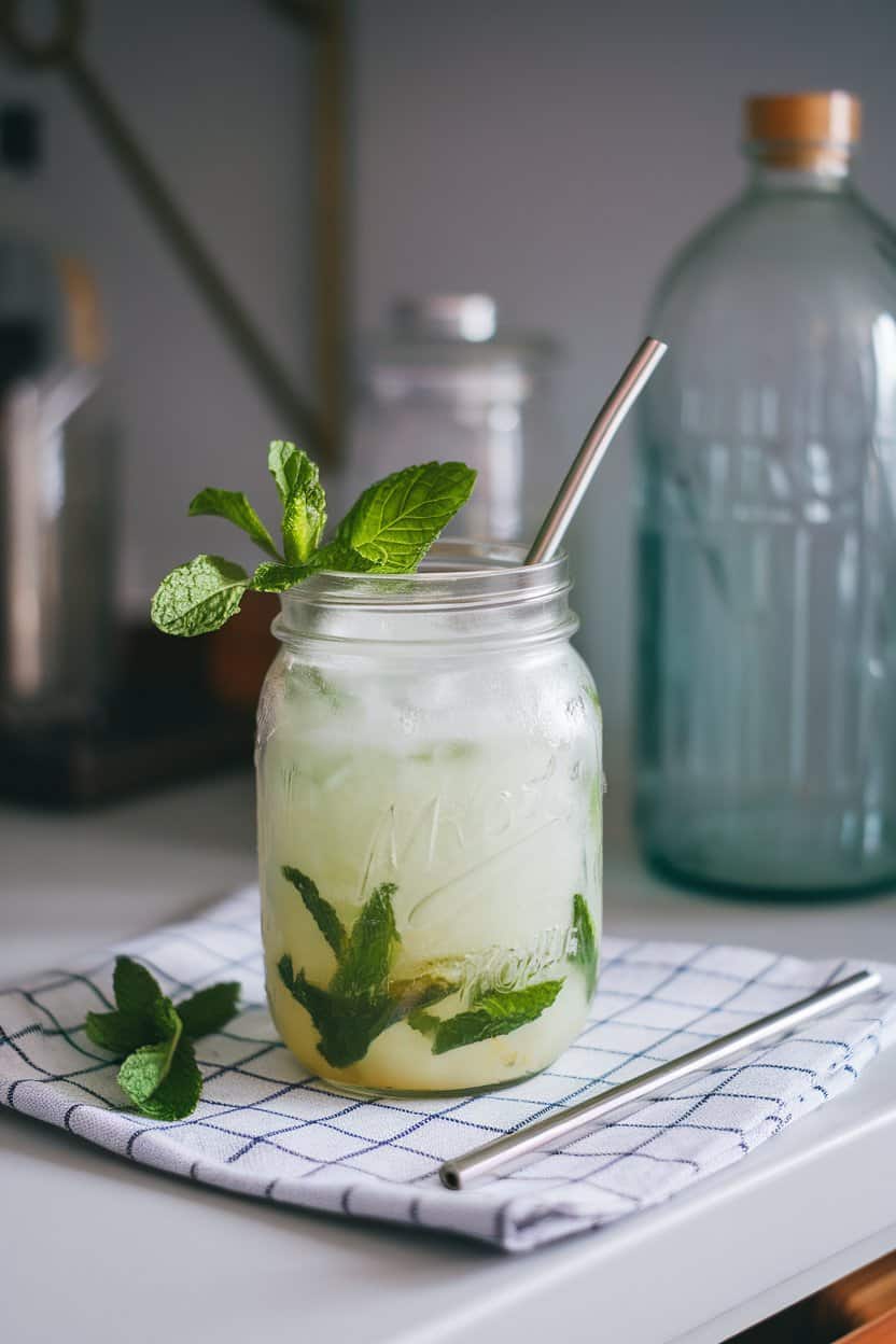 Indoor countertop featuring a frosty mason jar of pale green mojito slush, mint sprig and metal straw, no text or logos.