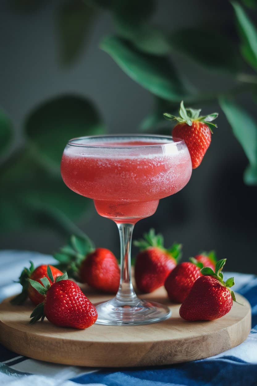 Indoor tabletop shot of a frosty red frozen strawberry daiquiri in a stemmed glass, fresh strawberries scattered nearby, no text or logos. Soft diffused lighting.