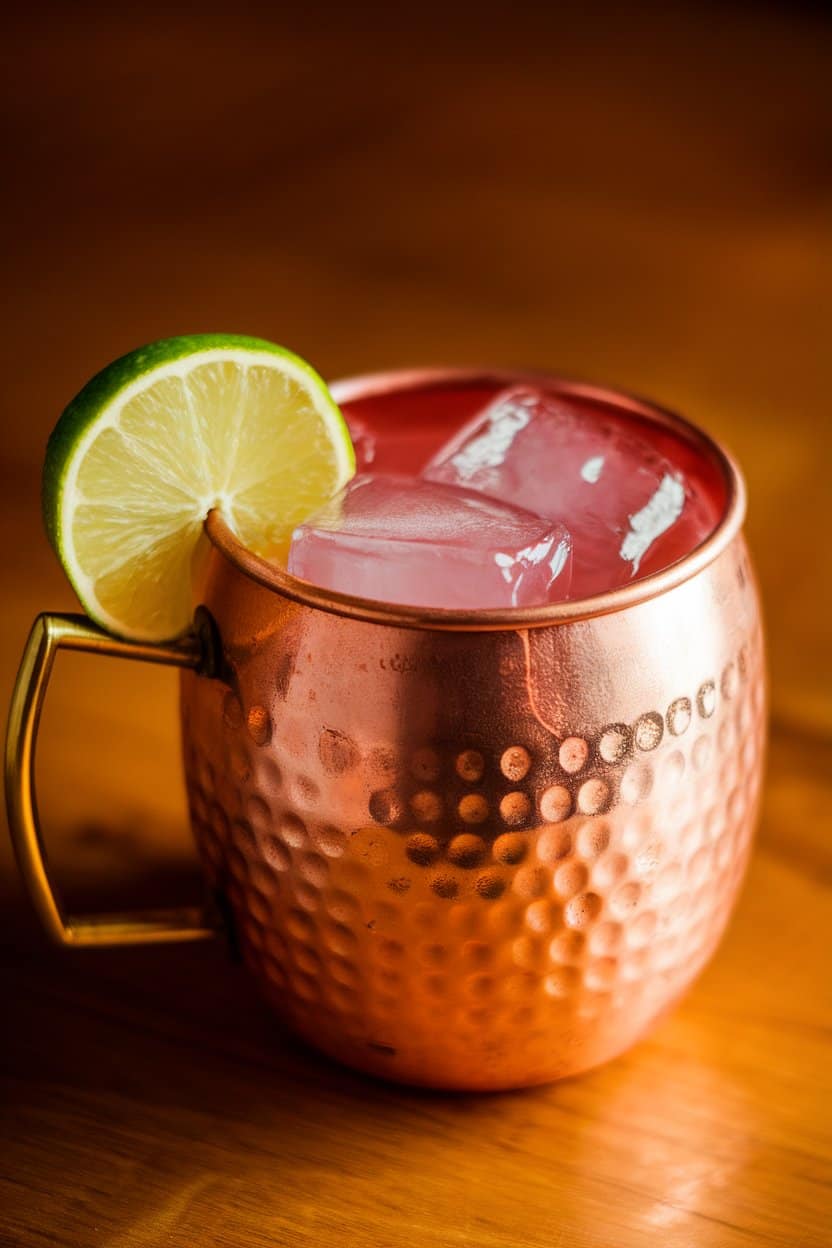 Indoor copper mug filled with pink guava mule, lime wedge on rim, no text or logos anywhere.