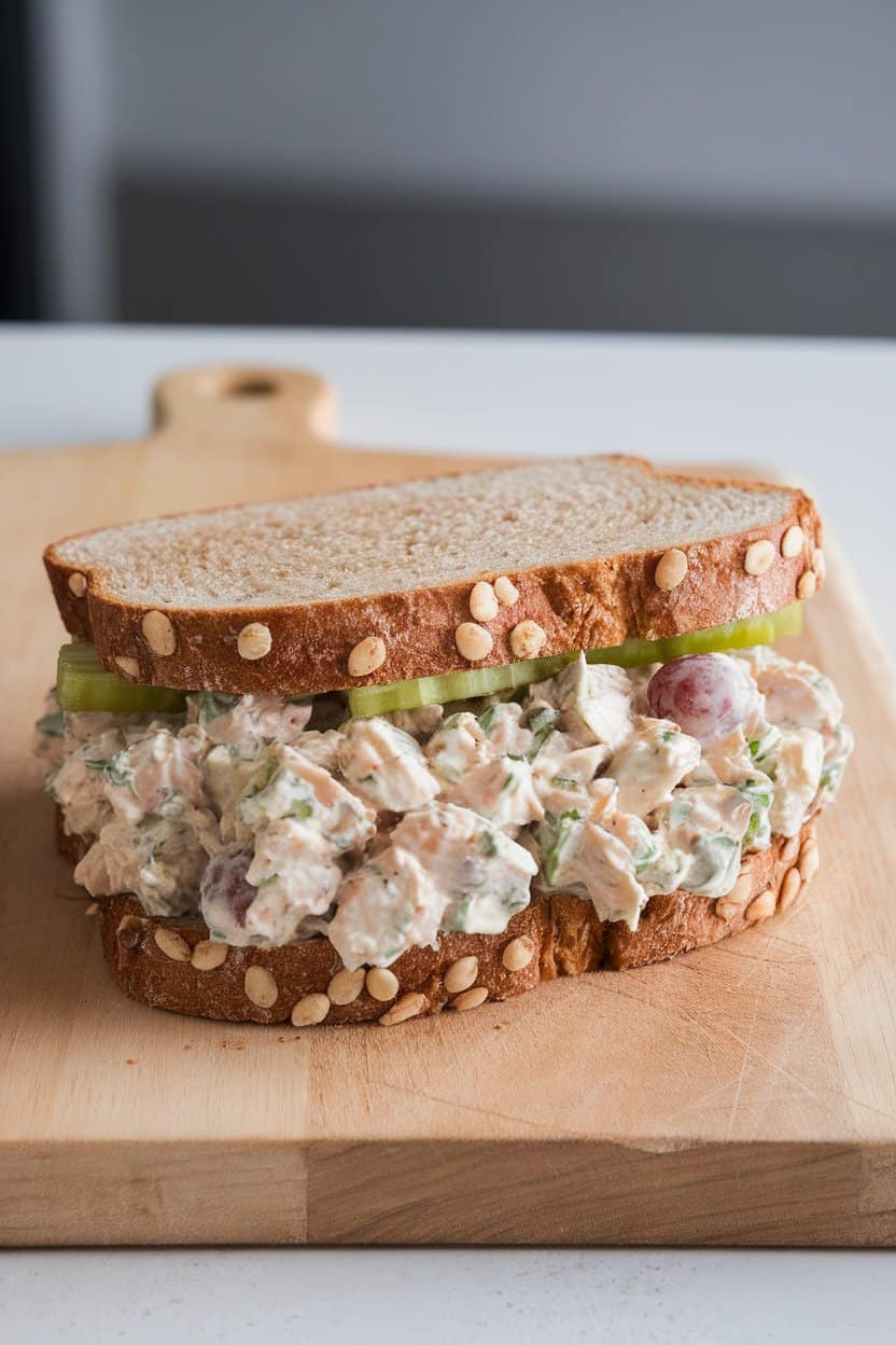 A crustless sandwich on whole-grain bread filled with creamy chicken salad speckled with grapes and celery, shown on an indoor cutting board. No text or logos.