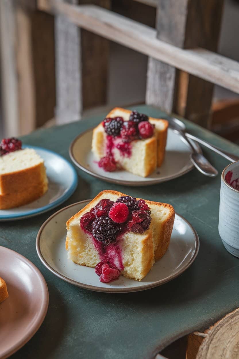 An indoor camp-style table holding toasted pound-cake slices topped with a spoonful of mixed berry compote. No text or logos on plates.