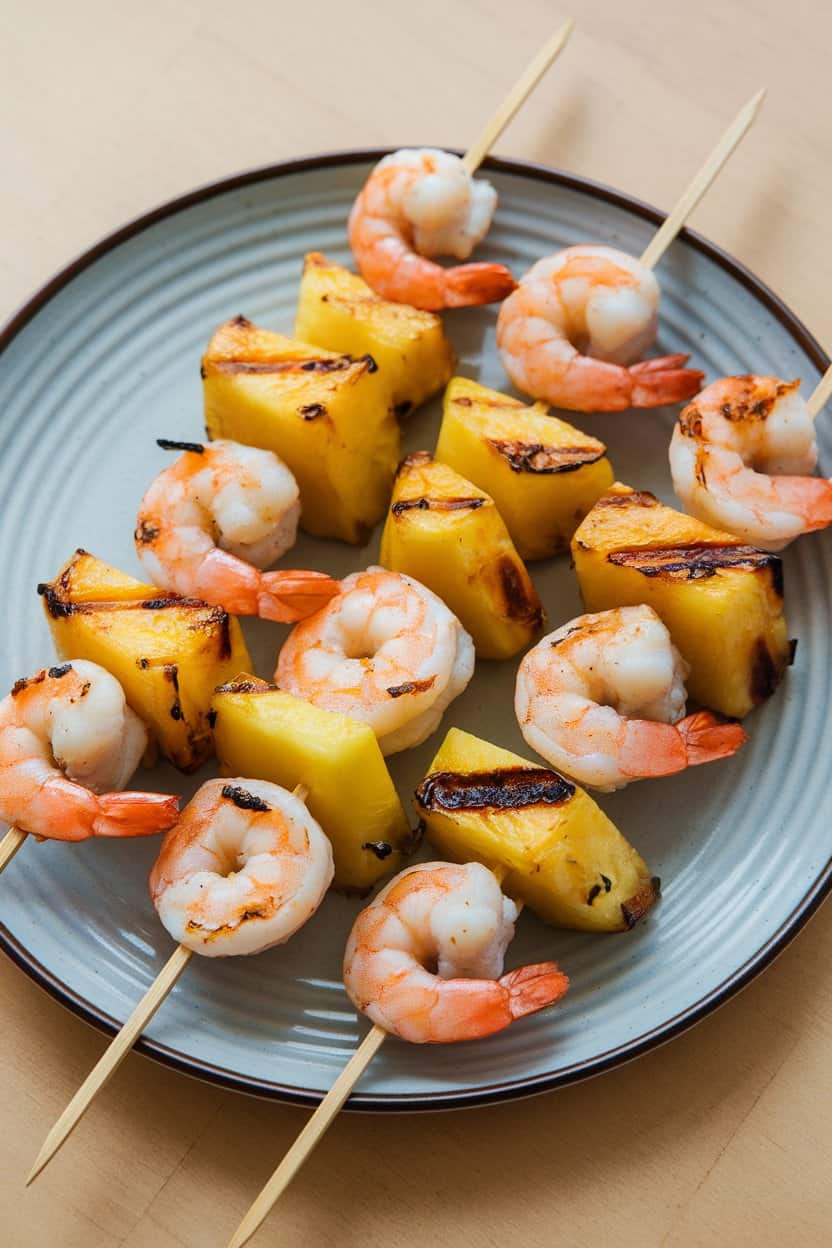  Indoor serving platter holding alternating chunks of grilled shrimp (clearly cooked) and caramelized pineapple, light grill marks visible. No text or logos; photograph only.