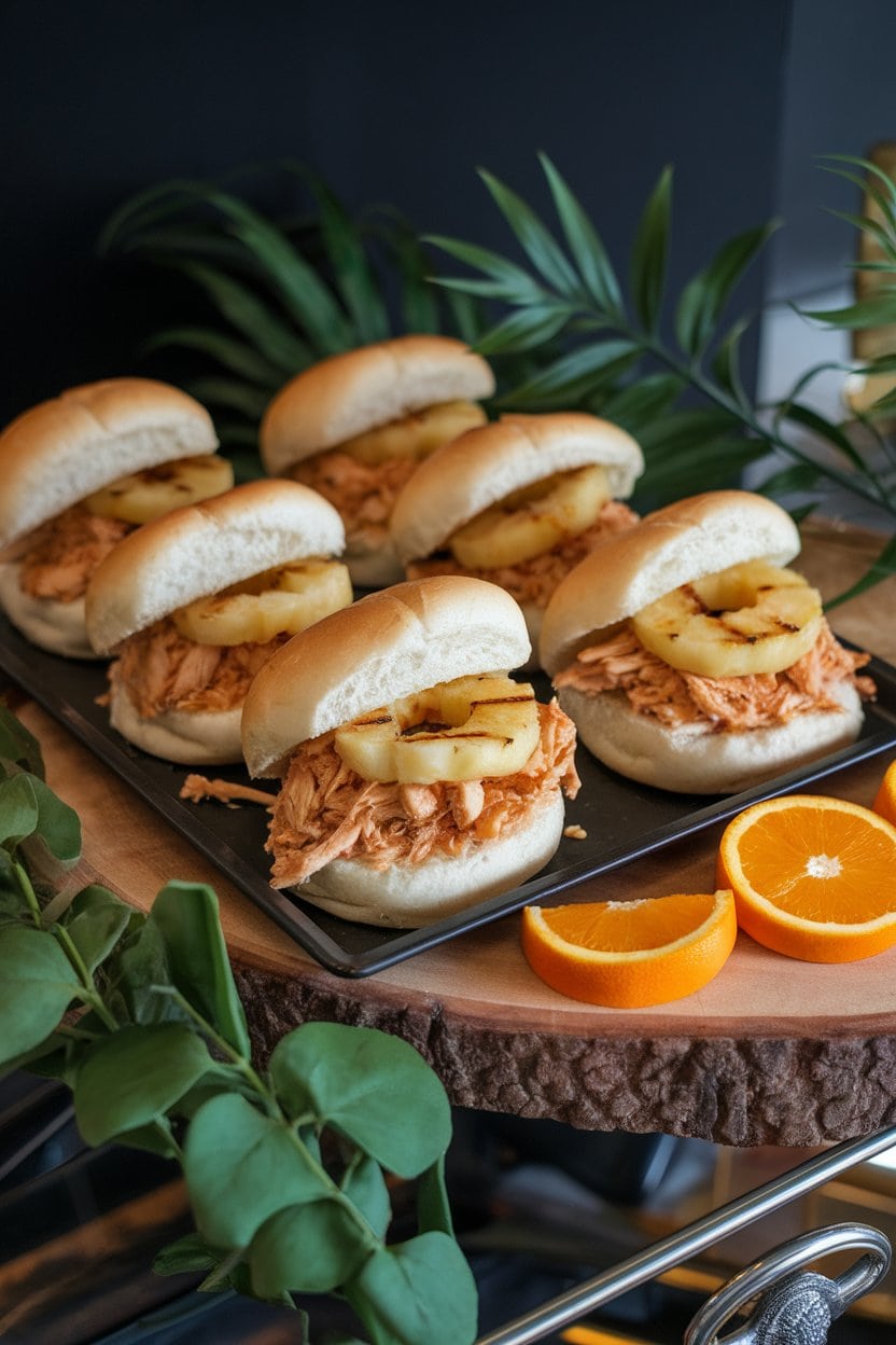Indoor buffet table spotlighting mini brioche buns piled with shredded teriyaki chicken and grilled pineapple rings. No logos or text; photograph, not illustration