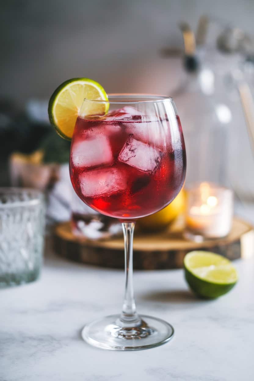  Indoor shot of a stemmed wine glass containing ruby hibiscus spritz with ice cubes and a lime wheel, no visible text.