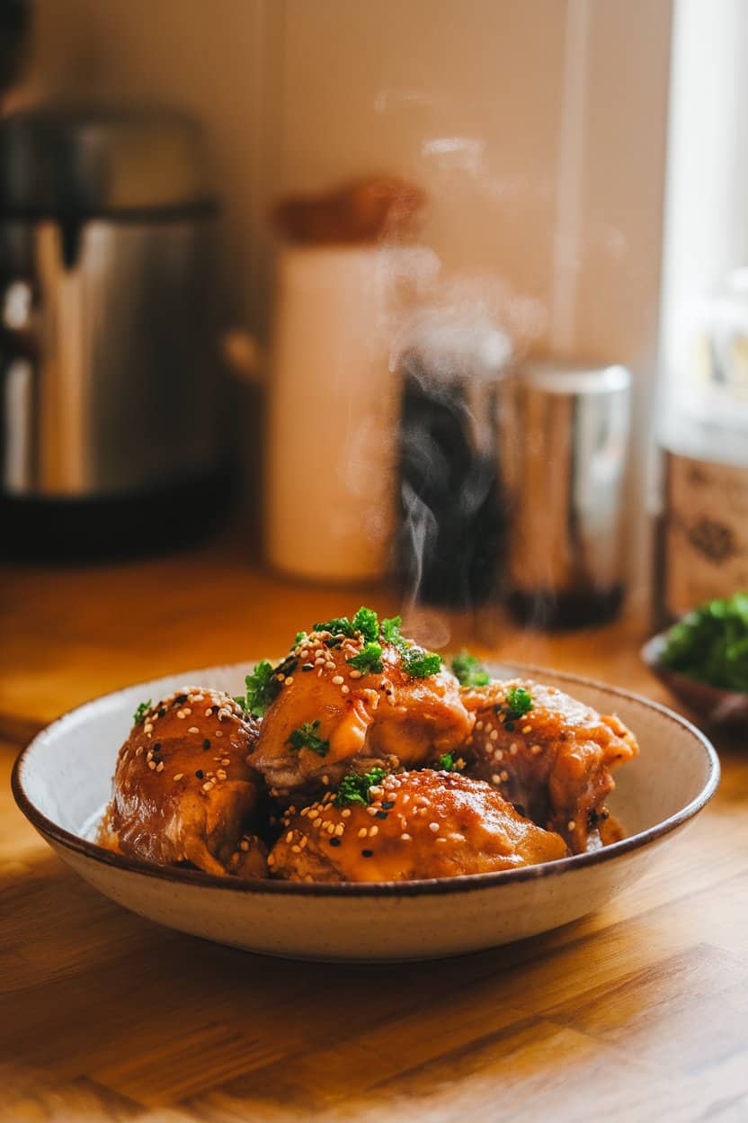 An indoor, warmly lit kitchen counter with a shallow white bowl of glazed, cooked chicken thighs topped with sesame seeds and chopped parsley. Steam curls upward; no text or logos visible.