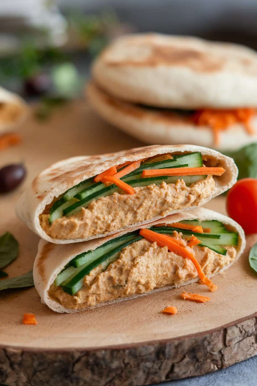 A cut-open pita pocket filled with hummus, cucumber ribbons, shredded carrots, and baby spinach on a wooden indoor board. No text or logos; photo only.