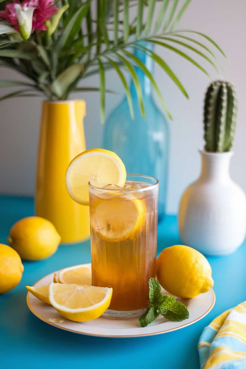 Indoor party table with a tall glass of golden Island Iced Tea garnished with lemon wheel, no logos.