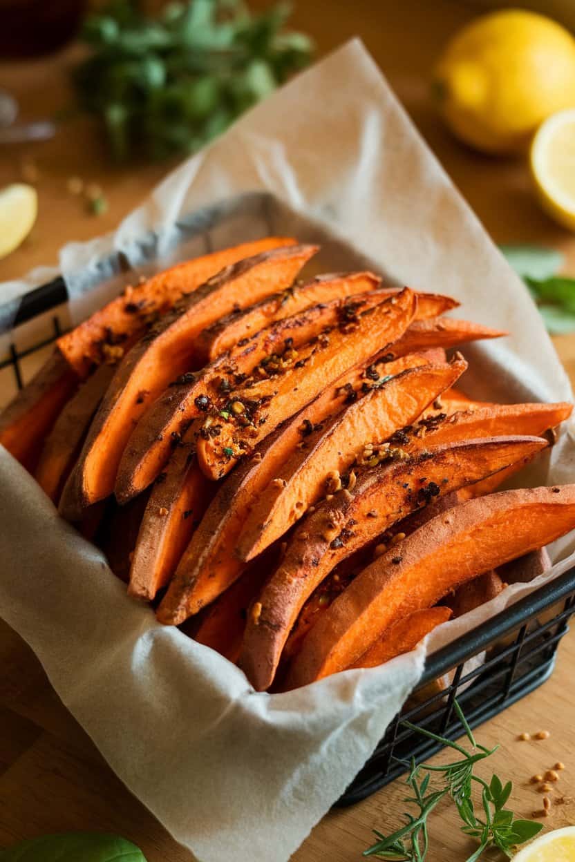Indoor basket lined with parchment holding baked sweet potato fries dusted with jerk seasoning. No text or logos; photo only.