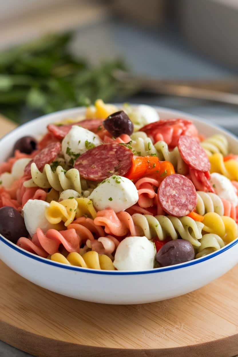 An indoor bowl of tri-color rotini tossed with salami bites, mozzarella pearls, black olives, and diced bell pepper, lightly coated in vinaigrette. No text or logos.