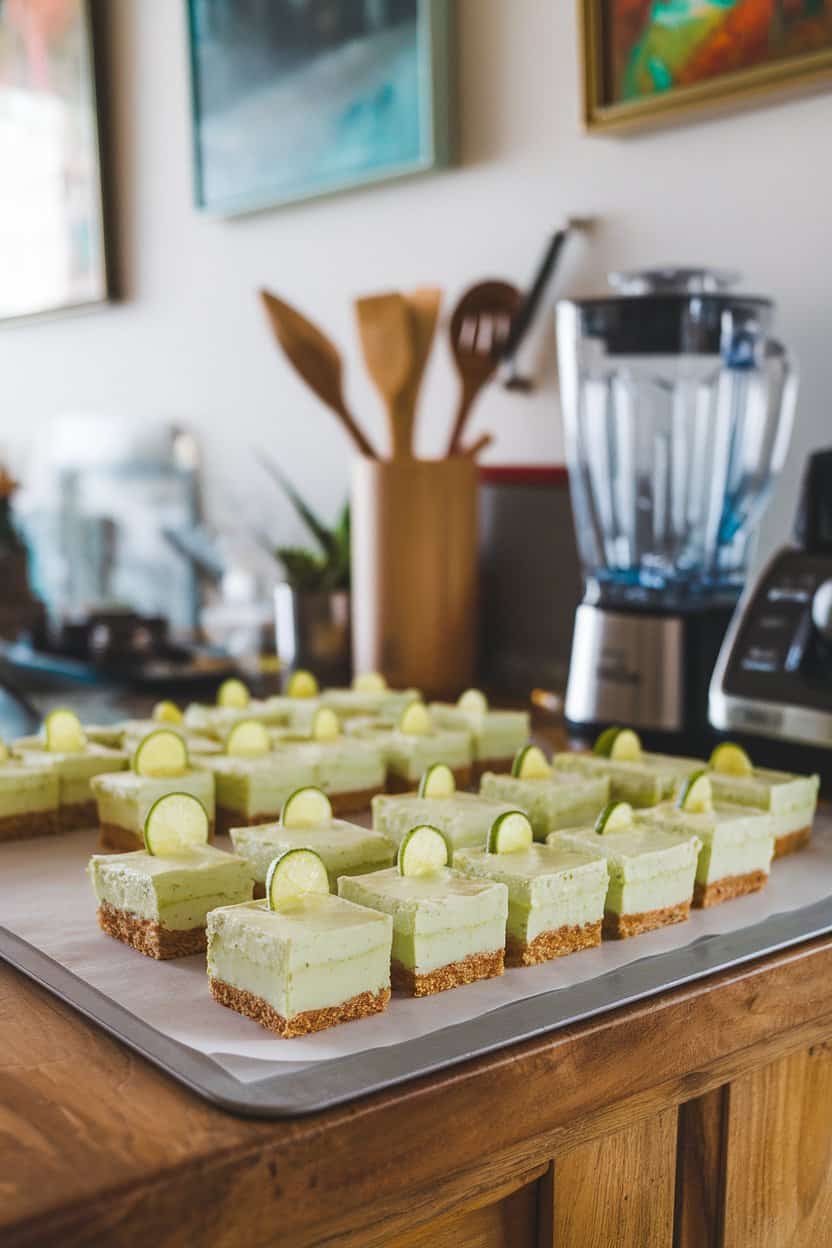 Indoor kitchen island displaying square bars with creamy pale-green filling and golden graham crust, a thin lime slice garnish on a few bars. No text or logos; photo only
