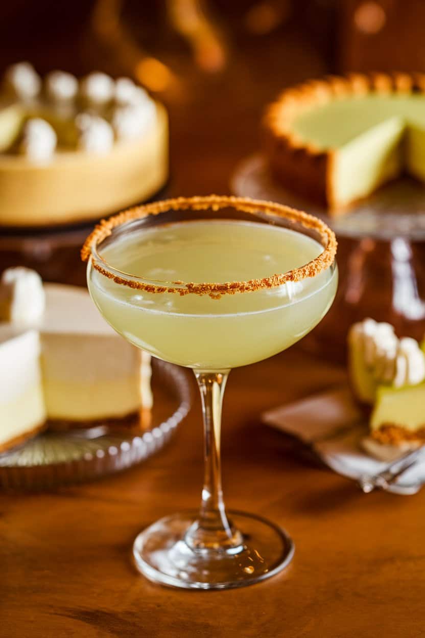 Indoor pastry-inspired setting with a martini glass rimmed in graham cracker crumbs holding a pale green Key Lime Pie cocktail. No text or logos.