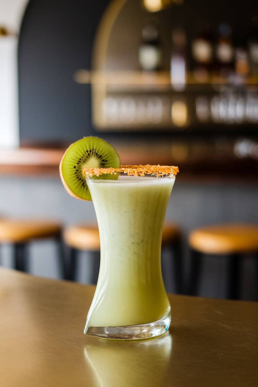 Indoor shot of a curved glass holding pale green kiwi colada, kiwi wheel on rim, no text or logos.