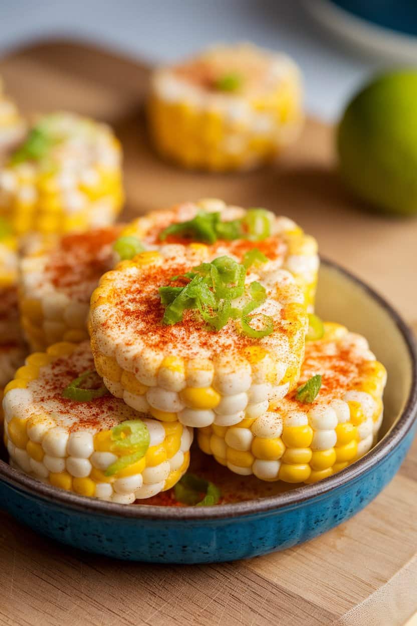 Indoor serving dish with coin-sized rounds of cooked corn on the cob dusted in chili powder and lime zest. No text or logos; photograph only.