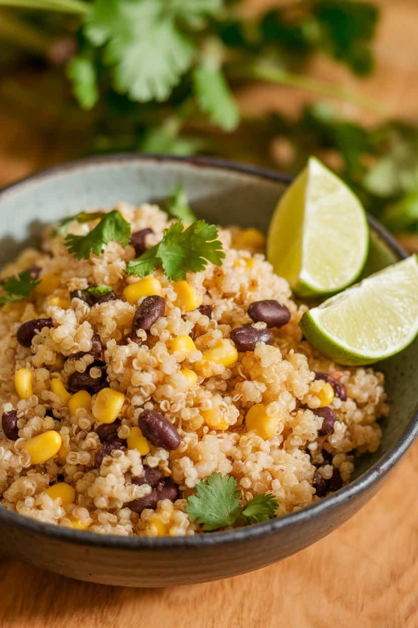 Indoor bowl of fluffy quinoa tossed with black beans, corn, and cilantro, lime wedges on side. No text or logos; photo only.