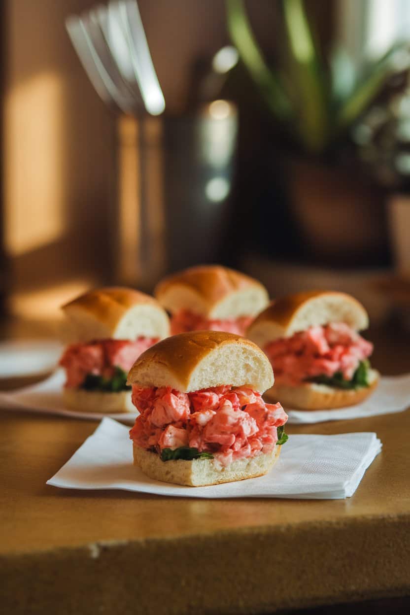 A warmly lit indoor countertop with mini toasted buns packed with lobster salad, light mayo shine visible. No text, no branded napkins; photograph only.