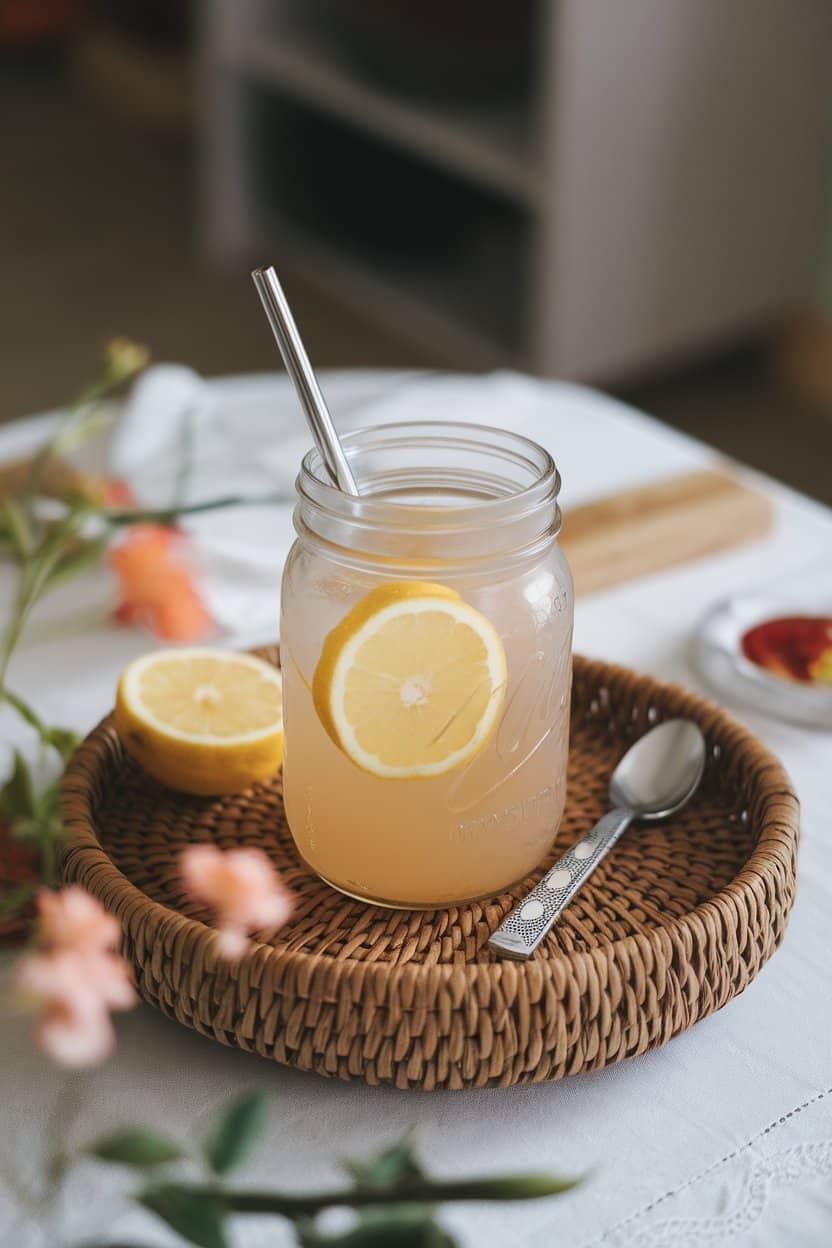 Indoor casual table with a mason jar of pale lychee lemonade, lemon wheel floating, no text or logos.