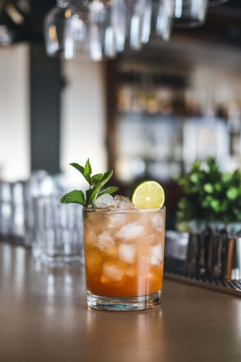 Indoor bar with a double-old-fashioned glass of amber Mai Tai, crushed ice mound, mint sprig and lime shell float, no logos anywhere.