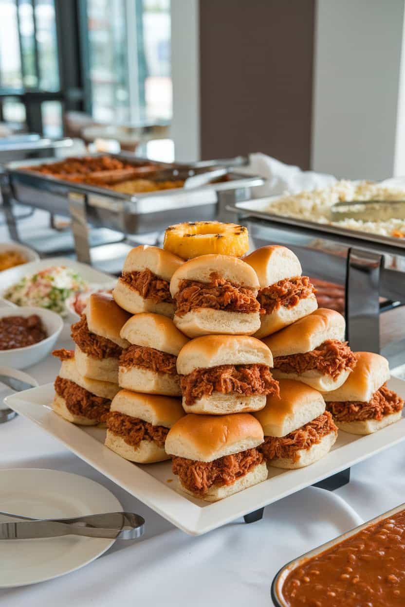Indoor buffet with small buns stuffed with saucy pulled pork, a pineapple ring peeking out. No text or logos; photo only.