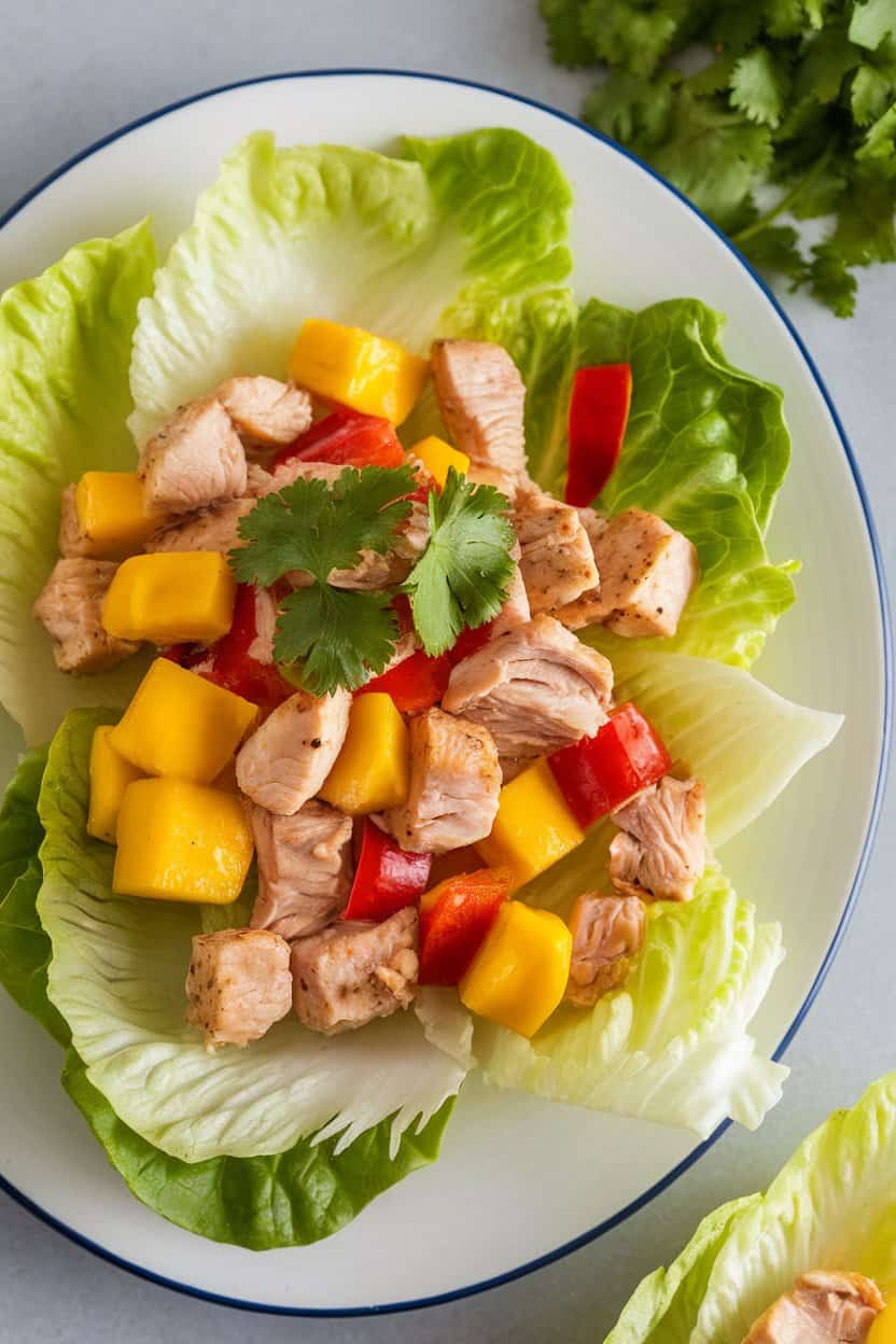  An indoor plate lined with butter-lettuce leaves holding diced cooked chicken, mango cubes, and red bell pepper, garnished with cilantro. No text or logos.