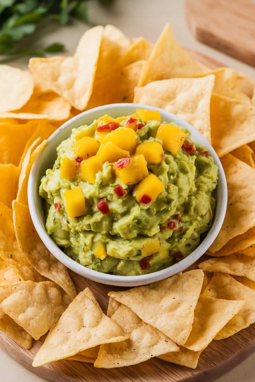 An indoor bowl of chunky guacamole studded with bright mango cubes and flecks of red habanero, surrounded by plain tortilla chips. No text or logos present; photo only