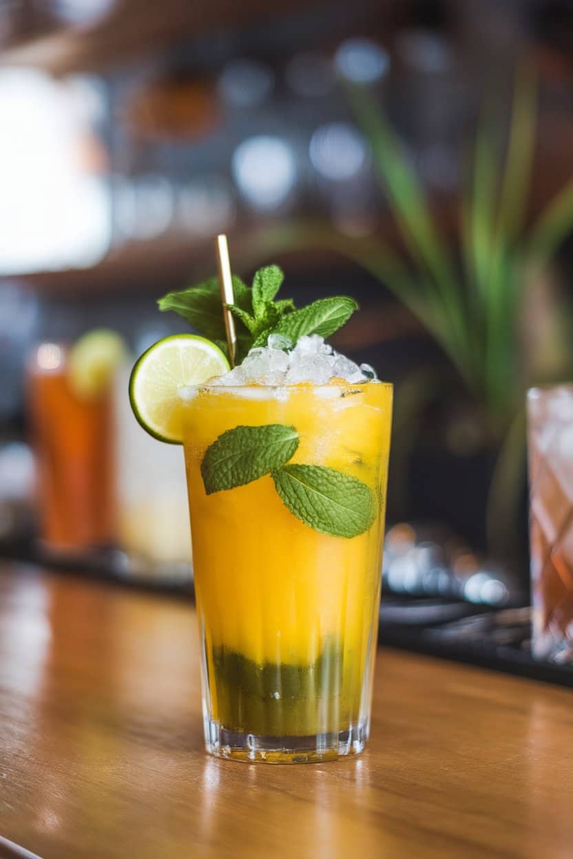 Indoor bar counter with a tall Collins glass of golden mango mojito, mint leaves and lime wheel floating, crushed ice piled high. No text or logos present.
