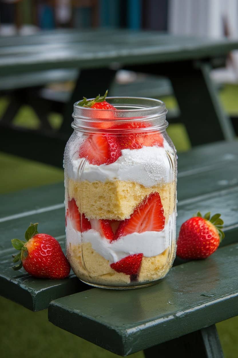  An indoor picnic table with a glass mason jar layered with chunks of sponge cake, whipped cream, and fresh strawberries. Condensation on the jar, no text or logos. Photo only.