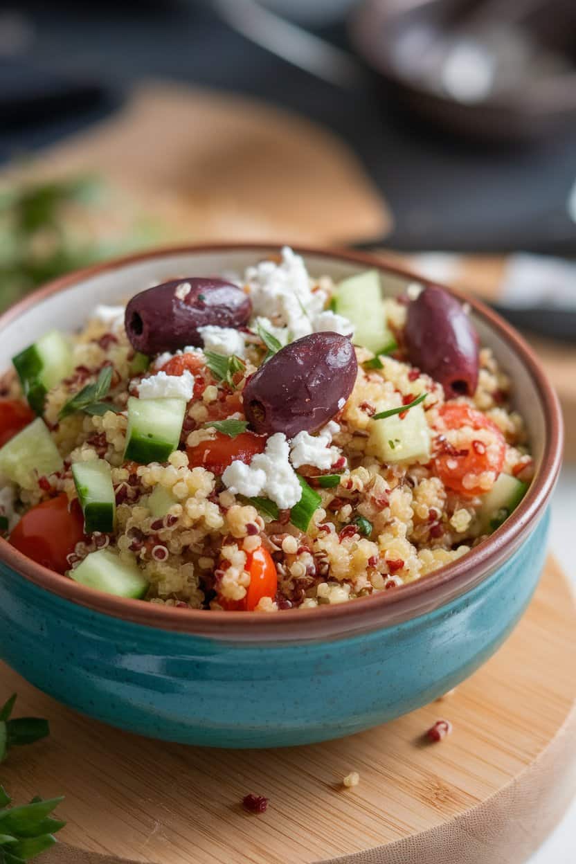 A ceramic bowl of colorful quinoa mixed with diced cucumber, cherry tomatoes, Kalamata olives, and crumbled feta, photographed indoors. No text or logos.