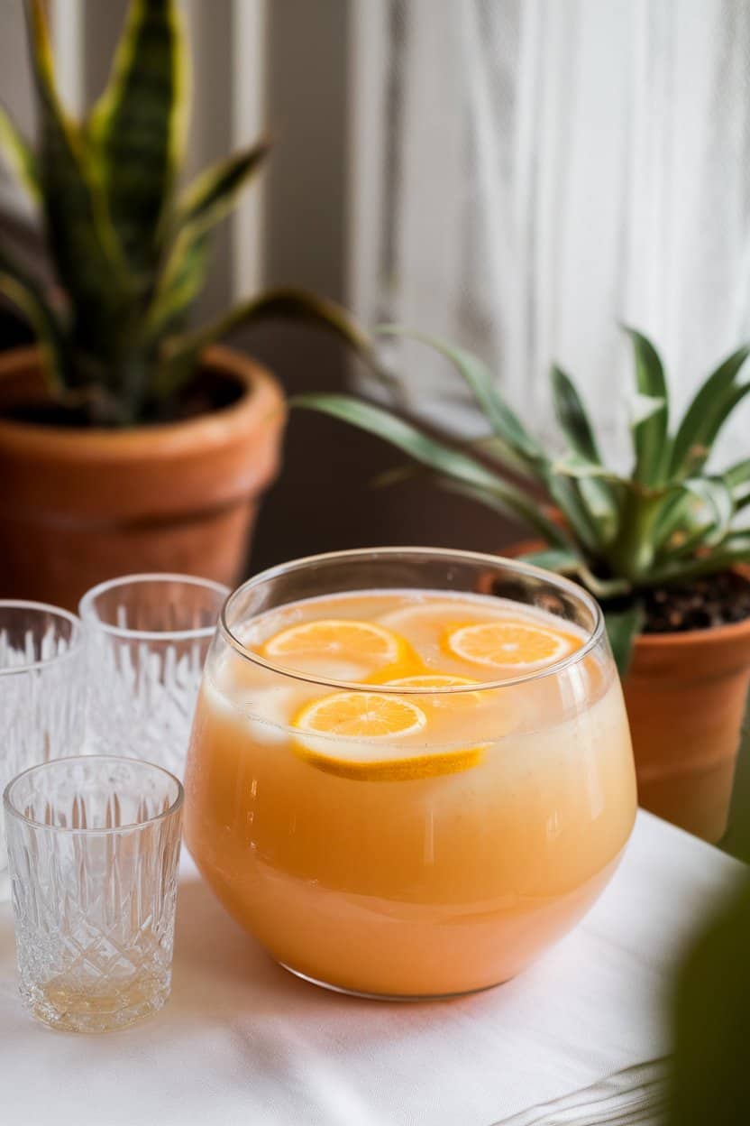 Indoor setting with a punch bowl of pastel orange papaya cocktail, floating citrus slices, no text or logos.
