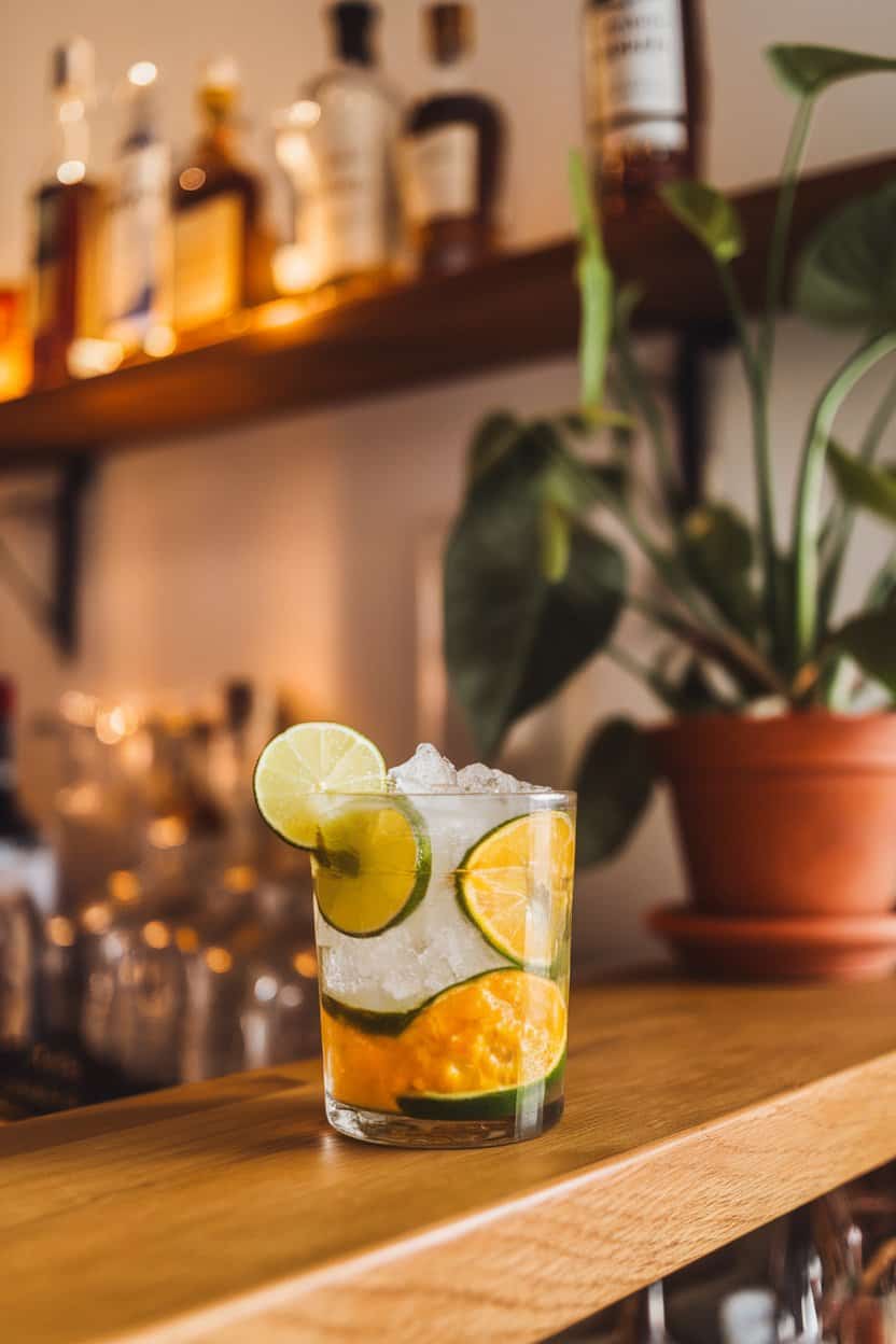 Indoor bar shelf view of a lowball glass packed with lime wedges, crushed ice, and golden passionfruit pulp for a caipirinha. No logos or text.