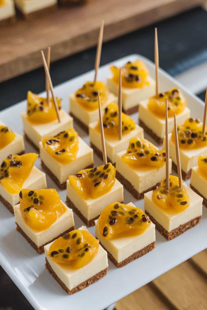  Indoor dessert display with square cheesecake bites topped with glossy passionfruit pulp and seeds. No text or branding; photo only.