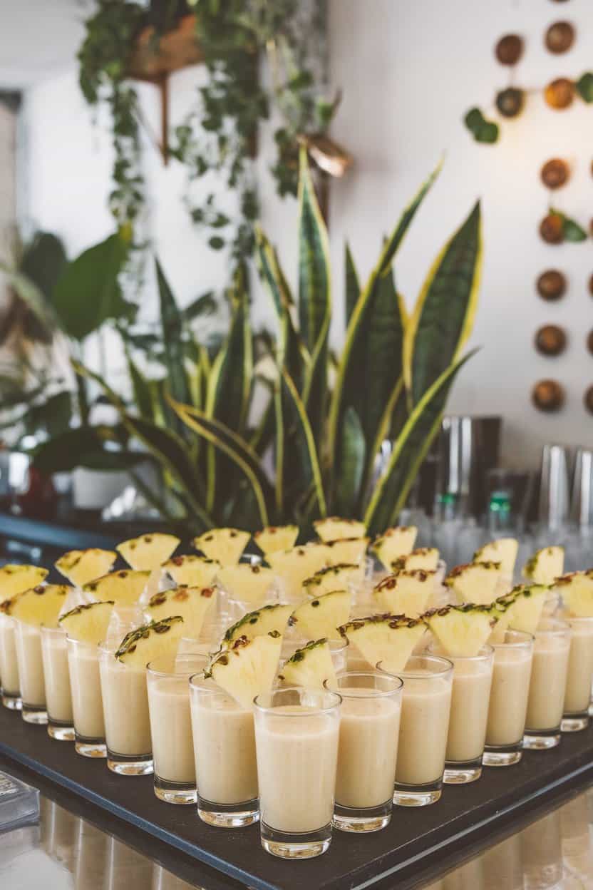 Indoor bar area with rows of small clear shot glasses filled with creamy pale-yellow smoothie, a tiny pineapple wedge perched on each rim. No text or logos; use photo.