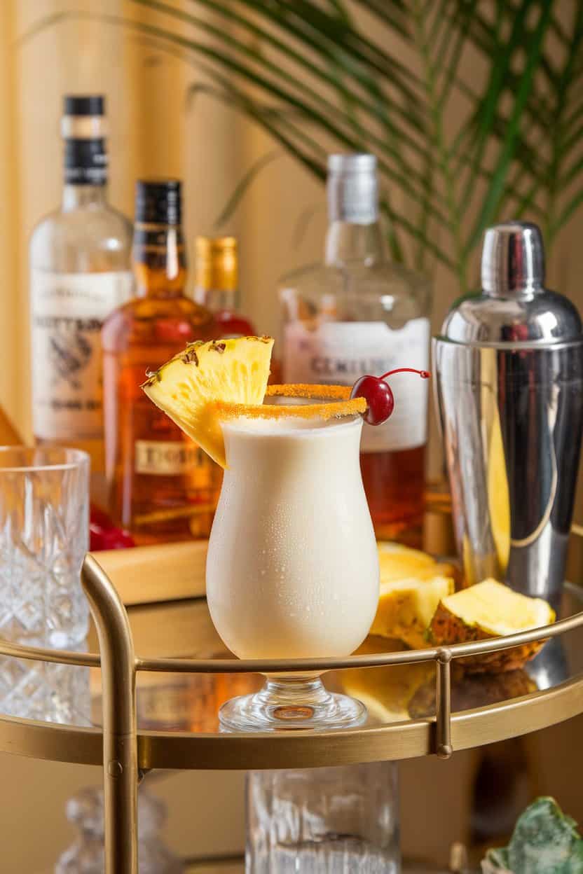 Indoor bar cart scene with a chilled hurricane glass filled with a creamy white piña colada, pineapple wedge and cherry garnish on rim, condensation visible on the glass. Soft warm lighting, no text or logos anywhere.